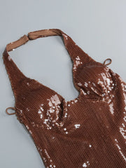 Brown Sequin Halter Maxi Dress