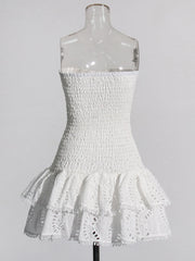 Ruched Strapless Embroidered Frill Mini Dress