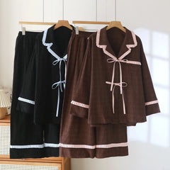 Contrast Seam Bow Long Sleeve Shirt And Wide Legs Pajama Set