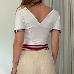 White Striped Trim V-Neck Short Sleeve Fitted Waist Crop Top