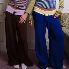 Colour Block Knit Wide Leg Drawstring Pants