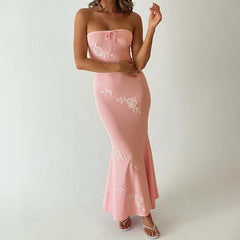 Pink Rose Embroidery Strapless Maxi Dress