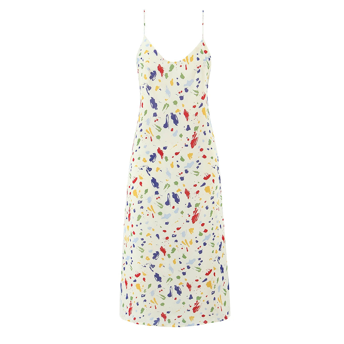 Colorful patterned slip dress on a white background