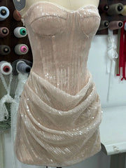 Beige Sheer Sequined Corset Draped Mini Dress