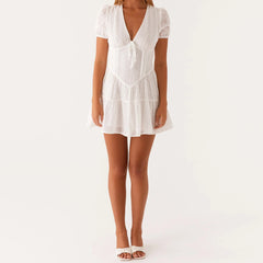 White Short Sleeve Eyelet Mini Dress