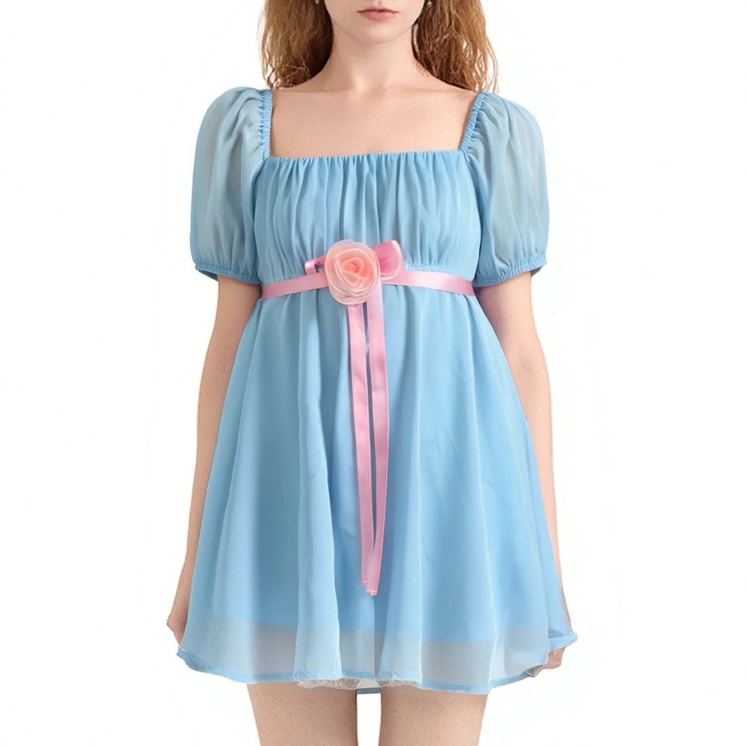 “Light blue cosplay dress with puff sleeves and pink sash inspired by horror twins”