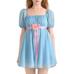 “Light blue cosplay dress with puff sleeves and pink sash inspired by horror twins”