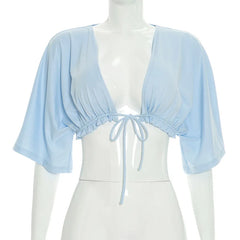 Deep Neck Drawstring Tie Up Crop Top