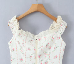 White Floral Embroidery Lace Slash Shoulder Crop Top