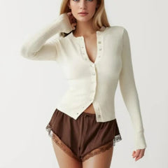 Buttoned Knit Cardigan Top And Mink Skirt