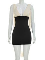 Contrast Black Deep V-Neck Draped Sleeve Bodycon Mini Dress