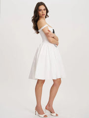 White Lace Trim Ribbon Bow Front A-Line Mini Dress