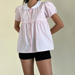 Pink Short Sleeve Collar Babydoll Blouse