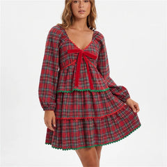 Red Plaid Tiered Long Puff Sleeve Smocked Mini Dress