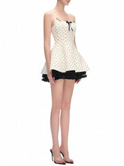 White Polka Dot Square Collar Lace Edge Mini Dress