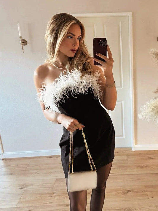 Black Strapless Feather Mini Dress