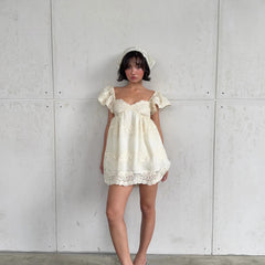 Embroidered Lace Bubble Sleeves Mini Dress