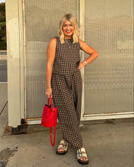 Printed Plaid Sleeveless Vest And Wide Pants Set
