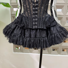 Lace Tie Fishbone Corset Top And Tulle Mini Skirt Set