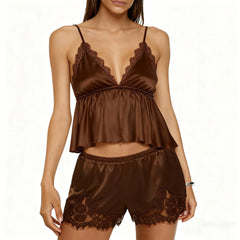 Lace Trim Satin Cami Top and Shorts Pajama Set