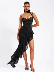 Corset Irregular Ruffle Hem Spaghetti Straps Satin Midi Dress