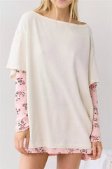Layered Floral Patchwork Boat Neck Long Sleeve Top