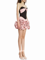 Black Satin Strapless Croset Top And 3d Frill Flower Mini Skirt Two-Piece Set