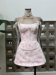 Printed Strap Lace-up Top And Mini Floral Bow Skirt Set