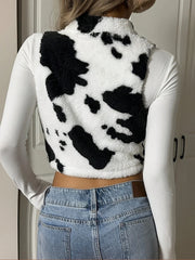 Cow Printed Zipper Sleeveless Fur Cropped Vest