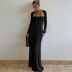 Long Sleeve Draped Tie Neck Maxi Dress