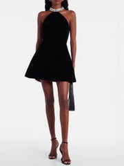 Black Velvet  A-Line Embroidered Neck-Mounted Mini Dress