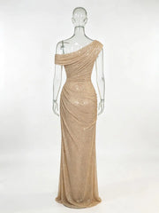 Off-Shoulder Sequin Draped Maxi Dress