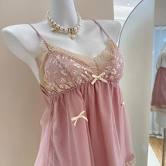Pink Lace Trim Babydoll Mini Dress