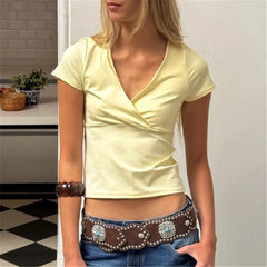 Solid Wrap V-Neck Short Sleeve T-Shirt