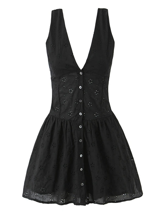 Black V-neck Embroidery Mini Dress