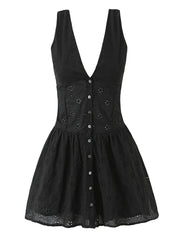 Black V-neck Embroidery Mini Dress