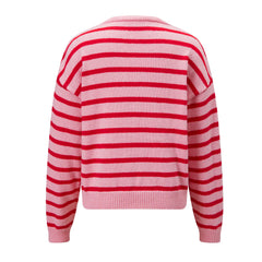 Striped Knit Round Neck Button Down Cardigan