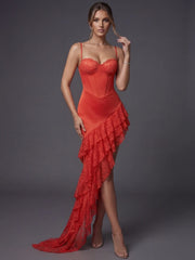 Spaghetti Strap Bustier Ruffes Tiered Hem Midi Dress