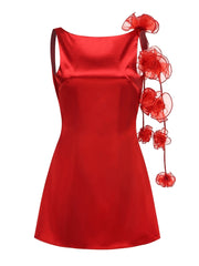 Satin Open Back Strap Flower Draped Mini Dress