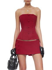 Double-Buttoned Strapless Top And Micro Mini Skirt Set