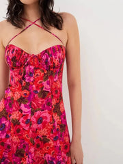 Red Floral Print Bustier Strappy Mini Dress