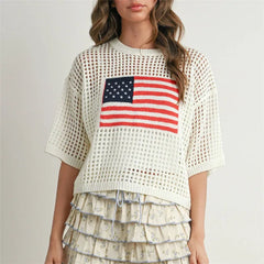 American Flag Print Knit Crochet Top