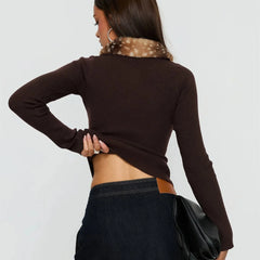 Brown Fur Collared Ribbed Button-Up Top