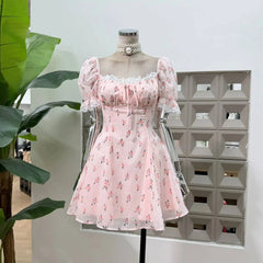 Floral Puff Sleeve Square Collar Mini Dress