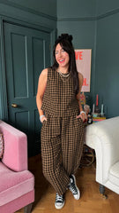 Printed Plaid Sleeveless Vest And Wide Pants Set