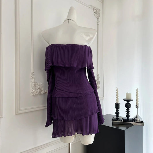 Purple Long Sleeve Off Shoulder Pleated Frill Mini Dress