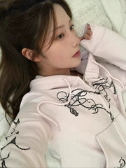 Vine And Heart Graphic Crop Zip-Up Hoodie