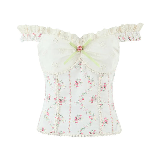 White Floral Embroidery Lace Slash Shoulder Crop Top