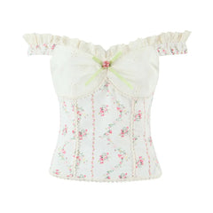 White Floral Embroidery Lace Slash Shoulder Crop Top