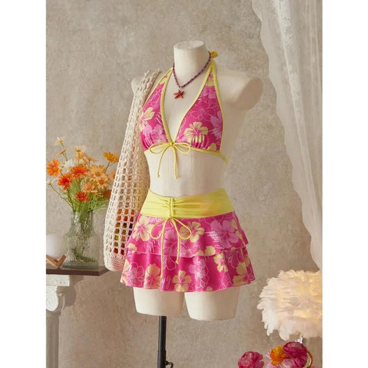 Floral Color Block Triangle Bikini And Pants With Cover Up Skirt Three-Piece Set